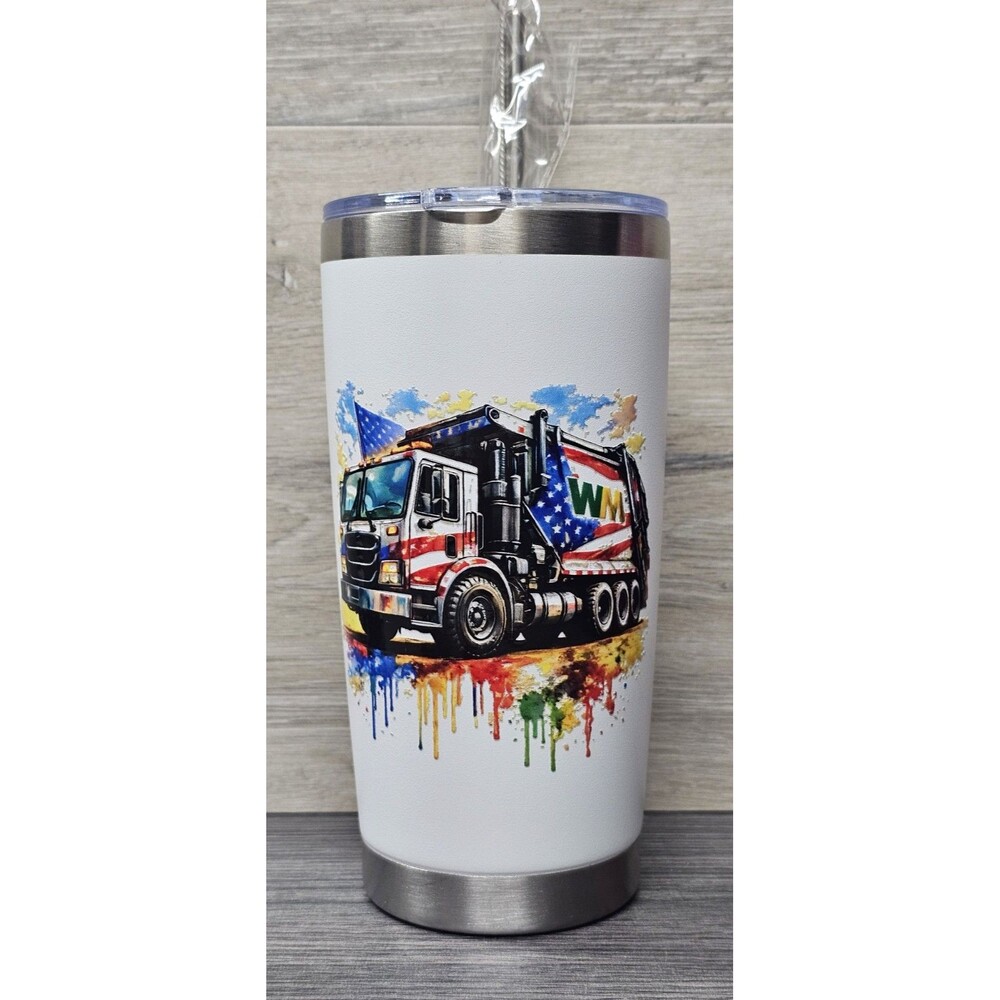 WM Waste Management 20 oz White Stainless steel Tumbler With Lid & Metal Straw